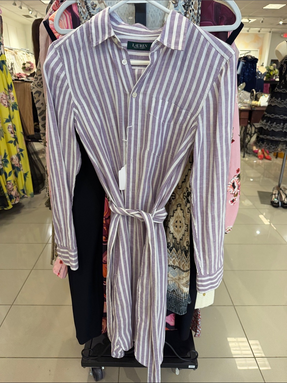 Ralph Lauren Lavender & White Striped Tie-Waist Midi Shirt Dress